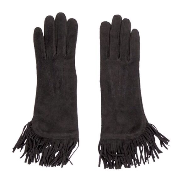 Ralph Lauren Collection ~ Black Cashmere Lined Lamb Suede Fringe Trimmed Gloves - Picture 9 of 16